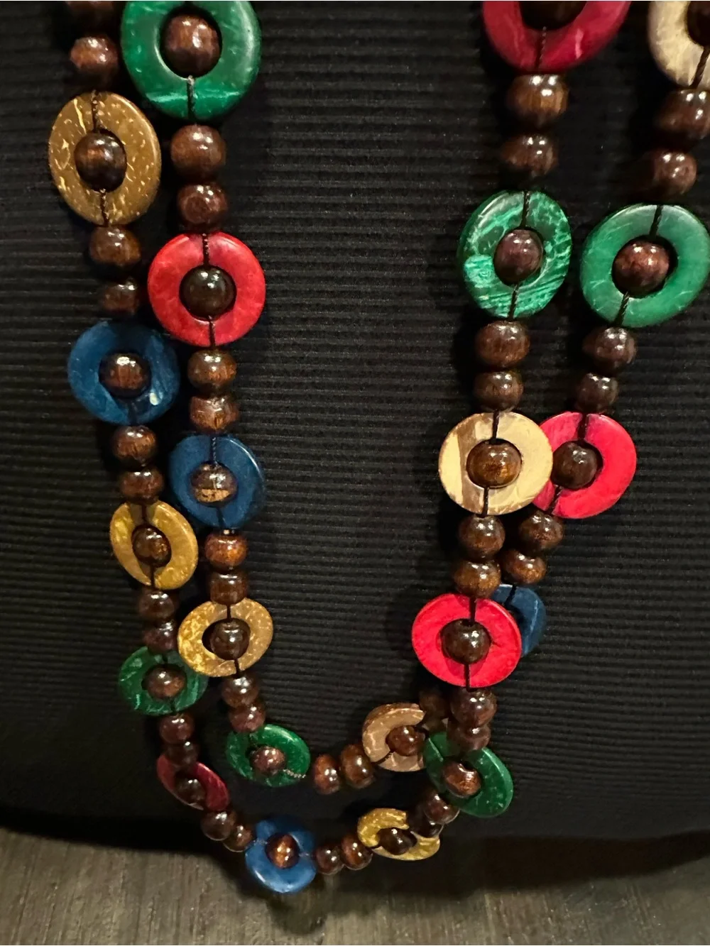 Vintage Bohemian Long Multi-Color Wood & Coconut Shell Disc Strand Neckla